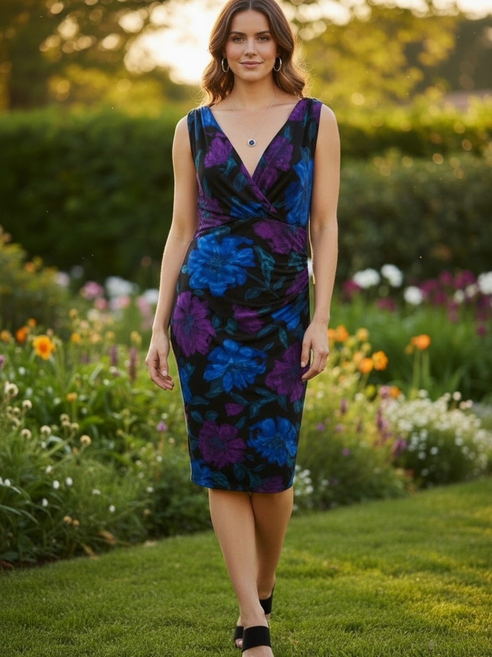 Lauren Ralph Lauren Black Floral Midi Dress with Blue & Purple Blooms Size 8
